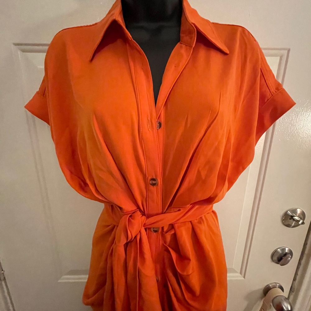 Vici SEBASTIAN TIE FRONT MIDI SHIRT DRESS - ORANGE - Picture 4 of 7